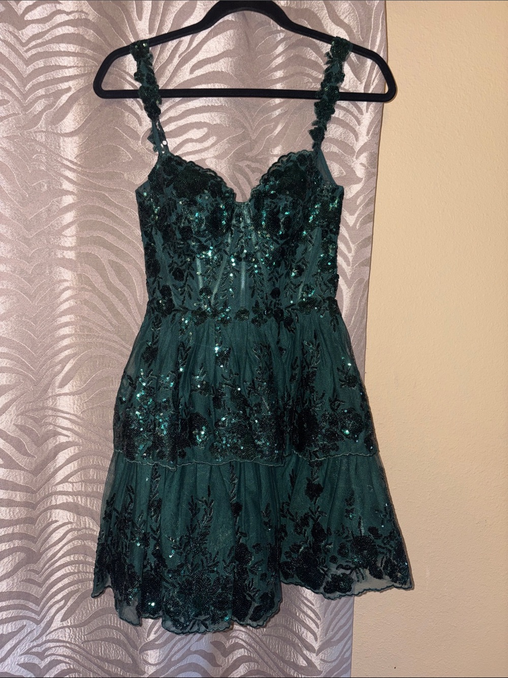 Sequined Emerald Green Tiered Mini Dress